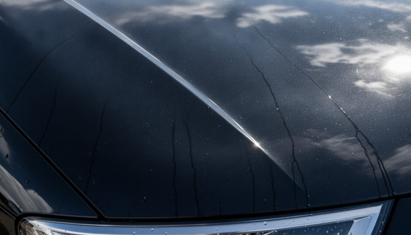 Water sheeting flat across untreated car paint with streaks and no beading